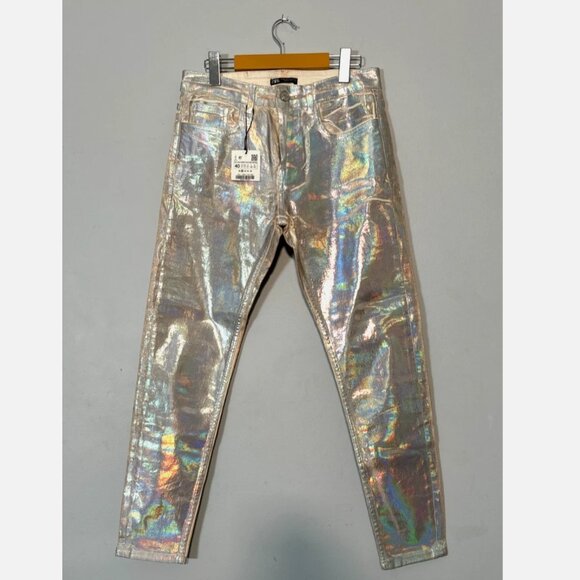 ZARA Metallic Mid-Rise Slim Denim Jean Holographic Iridescent Pink Silver Disco - Picture 2 of 9